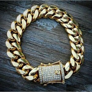 Corrente Mens 18K Tom de Ouro 316L Aço Inoxidável Cuban Link Colar Curb com Diamantes Fecho Bloqueio Drop Delivery Jóias Pulseiras Dhxne