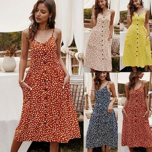 Casual Dresses Slip Dress 2023 mode V-krage kvinnor Sexig Suspender Beach Long Printing Summer