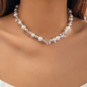 Choker Salircon Korean Sweet Acrylic Star Chain Short ClaVicle Necklace Fashion Romantic Imitation Pearl Women's Charm smycken