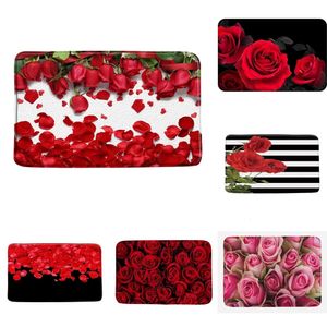 Carpets Red Rose Bath Mats Anti-Slip Wine Floral Foot Pad Valentine's Day Bedroom Doormat Kitchen Pastoral Flower Carpet Floor Rug Home 231212