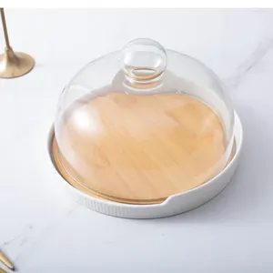Placas de cerâmica placa de bolo suporte de cozinha suprimentos com vidro coberto de bambu e base de madeira bandeja de sobremesa utensílios de mesa decorativos bonitos