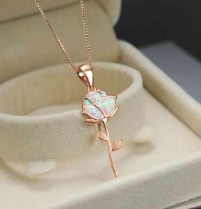 One Piece White Opal Rose Gold Flower Pendant Necklace For Women France Romantic Box Chain Wedding Neck Jewelry Gift6292633