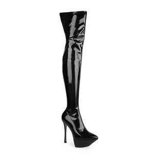 Stiefel Neue spitze wasserdichte Plattform dünne High Heels knielange Mode Sexy große Damen 220722