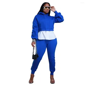 Calças femininas de duas peças azul hoodies conjunto para mulheres com capuz e moletom manga longa retalhos topo 2 treino joggers moletom