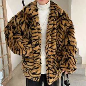 Men's Jackets Faux Fur Coat For Men Turndown Collar Tiger Leopard Imitate Jacket Thick Winter Warm Fluffy Plush Loose Jumper Outwear 231212