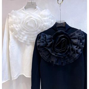 Kvinnors blusar eleganta och ungdomskvinnor Blus Försäljning o-hals 3D Flowers Stand Collar Sticked Shirts Autumn Mervatile Female Tops Drophipping