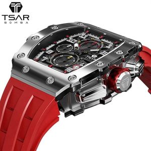 TSAR BOMBA Mens Watch Top Brand Luxury Tonneau Design 50M Waterproof Stainless Steel Wristwatch Sport Chronograph Watch for Men 21235K