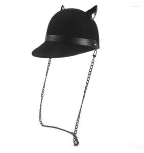 Ball Caps Wool Black Women Baseball Hat With Punk Chain Lady Devil Horns Cute Cat Ear Animal Bowler Visor Cap7605771