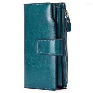 Wallets Genuine Leather Women's Wallet Long Korean Fashion Oil Wax Cowhide Multi Card Bag Coin Purse