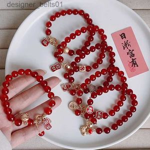 Charm Bracelets 2024 Dragon Year Red Agate Beaded Strand Bracelets for Women Girls Lucky Cat Fish Fortune Bag Charm Jewelry Wholesale YBR1023L231214