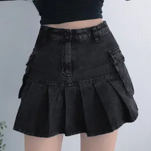 Saias jeans mini saia mulheres punk preto cintura alta moda coreana com grandes bolsos plissados casual streetwear