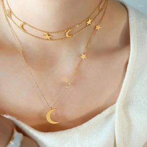 Choker French Light Luxury Nisch Titanium Steel Gold-Plated Without Fading Elegant Pentagram Moon Short Necklace