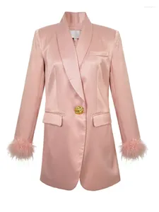 Damenanzüge, rosa Damen-Anzugjacke, mittellang, lockerer Blazer, modisches Satin-Stoff-Damenkleid, Herbst-Winter-Kleidung