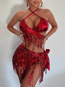 Abiti da lavoro Donna Glitter Bikini Set da 3 pezzi Canotta sexy Top e gonna con nappe con paillettes con perizoma Summer Beach Rave Festival Clothing