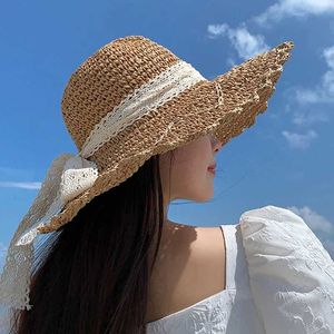 Chapéus de aba larga Chapéus de balde feminino Lace Sun Hat Wide Brim str praia C Hapsa de sol do sol dobrável Capéu de sol J240425