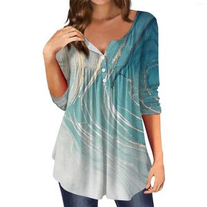 Women's T Shirts Women V Neck Long Sleeve Tee Shirt Geometric Print Pleated Loose Pullovers Marmor Vintage Flower Printing Blus Tops
