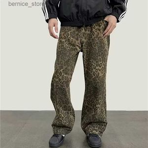 Herr jeans 2023 cyber y2k mode leopard baggy jeans byxor för män kläder rak koreanska avslappnade kvinnor gamla långa byxor pantni uomo q231213