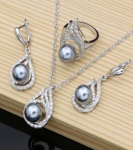 Grå pärlbrudsmycken set droppörhängen med CZ Stone 925 Silver Women Ring Necklace Set8111237