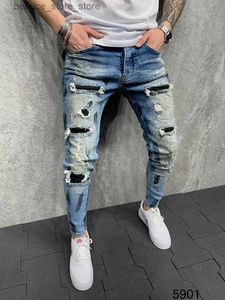 Erkekler Kot Mavi Skinny Jeans Erkekler için Boyalı Streting Slim Fit Yırtılmış Sıkıntılı Piled Diz Pantolon Marka Marka Günlük Pantolon Erkek Q231213