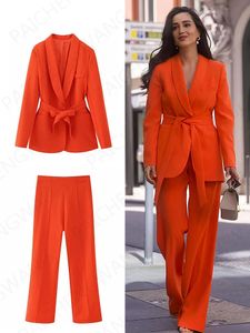 Kvinnors tvådel Pants långa ärm Slim Single Button Suit Orange Casual Trousers Pure Color High Maisted Wide Ben Pants Set 231211