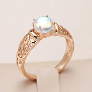 Cluster Rings Kinel Trend Moonstone For Women 585 Rose Gold Color Hollow Flower Ethnic Bridal Ring Vintage Daily Fine Jewelry