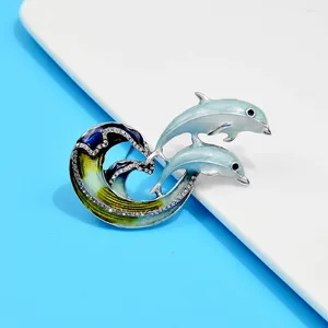 Brooches Oil Painting Color Sky Blue Ocean Dolphin Pin For Men Women Hat Bag Enamel Alloy Brooch Jumping Over The Waves