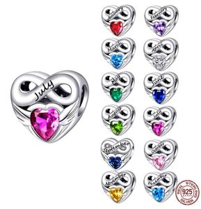 925 Silver Fit Charm 925 Armband Färgade hjärtformade Birthstone Charms Set Pendant DIY Fine Beads Jewelry6274222