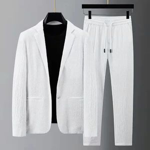 Men's Suits Blazers Men Suit Drawstring Pants Sets Tracksuit Spring Autumn Pleated Thin Casual Outfits Black White Single Button 231211