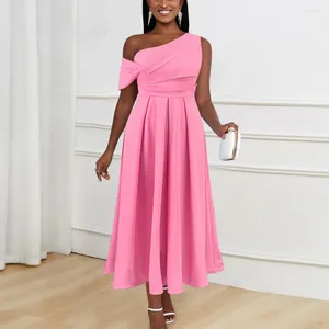 Vestidos casuais luxo rosa para mulheres um ombro plissado tornozelo comprimento de alta qualidade elegante feminino festa de aniversário jantar vestidos mujer