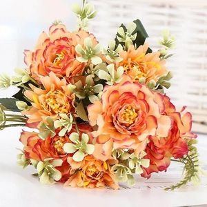 Kwiaty dekoracyjne Wedding Kwiatowy jedwabny Sztuczny pakiet Dahlia Fake Flower Green Plant Home Dekoracja sypialni Symulacja Orange Dahlias