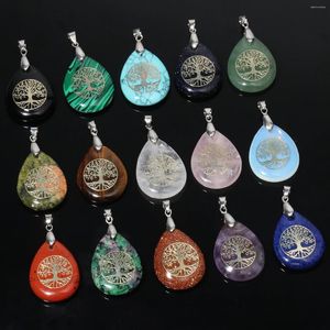 Hänge halsband 1st Tree of Life Pattern Teardrop Pendants Natural Stone Crystal With Chain Display Box For Women smycken Tillbehör