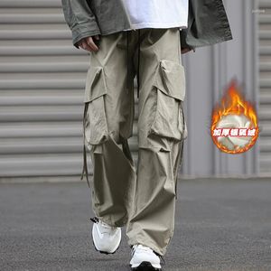 Calças masculinas homens outono inverno lã quente oversize grande bolso carga calças moda streetwear hip hop solto sweatpants retos