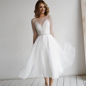 Nyaste kort bröllopsklänning 2024 Scoop Top Beads paljetter Backless Bride Party Gowns Custom Made Plus Size Vestidos de Novias
