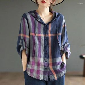 Kvinnors blusar 2023 Spring och Autumn Fashion Simple Plaid kontrast Löst avslappnad överdimensionerad huva spetsar upp långärmad skjorta