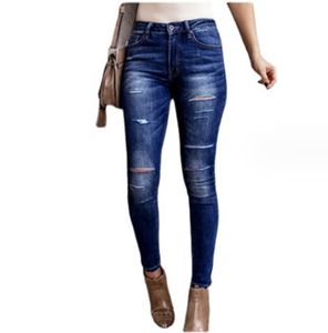 Frauen Casual Jeans Zerrissene Knie Löcher Vintage Zerkratzt Gebleichte Hohe Taille Hohe Elastische Fit Weibliche Hose Hohe Qualität