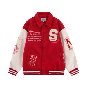 Herrenjacken Vintage Baseball Varsity Jacke Männer Frauen Flocked Stickerei Brief Knochen Patchwork PU Leder Jacken Rot Übergroßen Mantel Herbst 231211