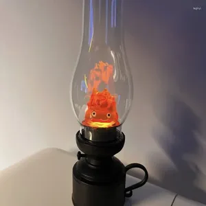 Estatuetas decorativas halloween retro luz noturna calcifer lâmpada sem chama dos desenhos animados anime querosene vela quarto mesa de cabeceira