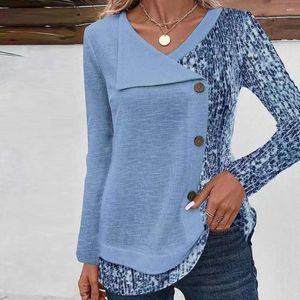 Women's Blouses Women V-neck Top Sequin Patchwork Asymmetric Blouse Fall Spring Button Decor Long Sleeve Casual Pullover Versatile