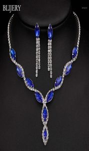 BLIJERY Silber Überzogene Royal Blue Kristall Hochzeit Schmuck Sets für Frauen Blatt Quaste Lange Halskette Ohrringe Braut Schmuck Sets13007500547