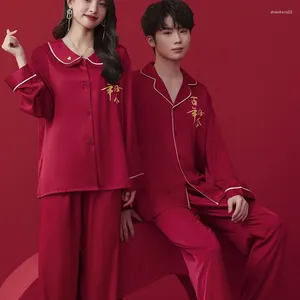 Women's Sleepwear Red Lovers Wedding Pyjama Suit Pajamas Couples Silk Satin Nightgown Women Long Sleeve Pijamas Men Lounge