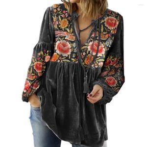 Women's Blouses Botanical Flowers Blouse Floral Print V Neck Drawstring For Women Retro Style Long Sleeve Pleated Top With Soft Patchwork