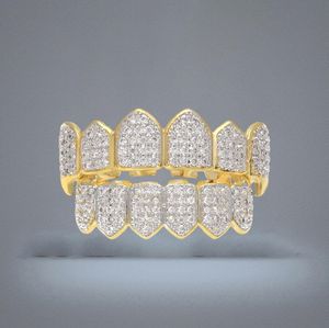 Hip Hop Micro Pave Kubikzircon Zähne Grillz Caps Oben Unten Männer Frauen Gold Silber Farbe Vampire Fangs Grills Set3522732