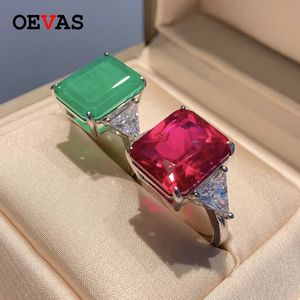 Bant Yüzük Oevas 100 925 STERLING Gümüş 12 12mm Kare Sentetik Emerald Ruby Yüksek Karbon Pırlanta Kadınlar İçin Parti Güzel Takı Hediyesi 231212