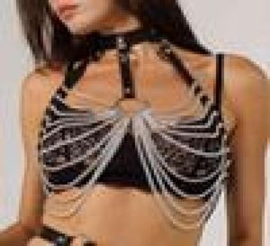 Goth Sexy Imbracatura per il corpo in pelle Catena Reggiseno Top Petto Cintura in vita Strega Punk gotico Moda Metal Girl Festival Accessorio per gioielli8734744