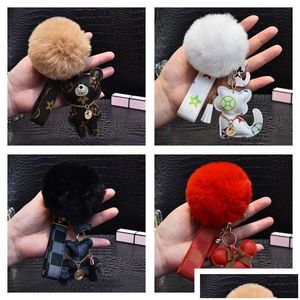 Key Rings Cute Pompom Keychains Fashion Cat Teddy Bear Designer Chain Ring Gifts Women Pu Leather Car Buckles Bag Charm Accessories Me Dhoql