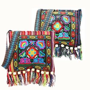 Винтажная этническая сумка для хранения на плечо Hmong, сумка для хранения с вышивкой и кисточками в стиле бохо, хиппи, сумка-мессенджер, подвесной органайзер для хранения Bags264y