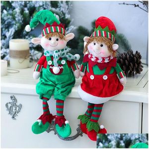 Nadziewane pluszowe zwierzęta szczęśliwe świąteczne lalki ozdoby okna dostarcza czerwona i zielona tkanina długie nogi Elf rok Atmosfera dekoracyjna dhzuv