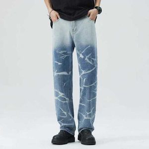 メンズジーンズデザイナーラグジュアリーアメリカンハイストリートニッチルーズワイドレッグパンツ、ヒップホップ、爆発、洗浄された青いストレートジーンズ、フロアレングスパンツ