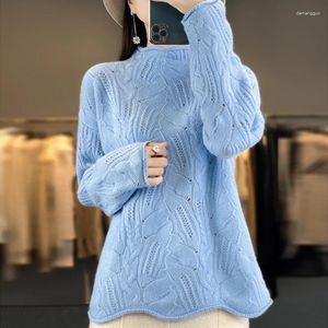 Kvinnors tröjor Kvinnor S Autumn Winter 100 Cashmere Sweater Half Turtleneck Heavy Duty Hollow Out Crochet Knit Pullover Loose Wool Base