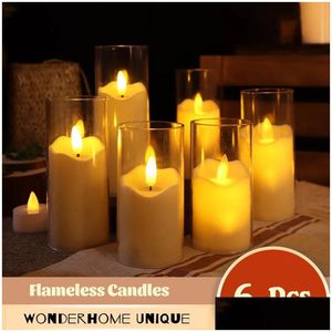 Velas velas 6 pcs LED lâmpada elétrica sem chama bateria de vidro acrílico piscando falso tealight vela bk para casamento natal gota d dhlz9